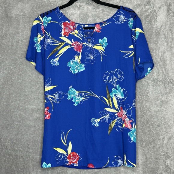 Apt 9 XXL 2X Top Shirt Blue Floral Flower Short Sleeve Keyhole Round Neck Womens - Picture 1 of 8
